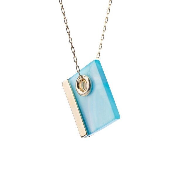 Blue Natural Agate Rectangle Book Necklace 30" - Picture 1 of 12